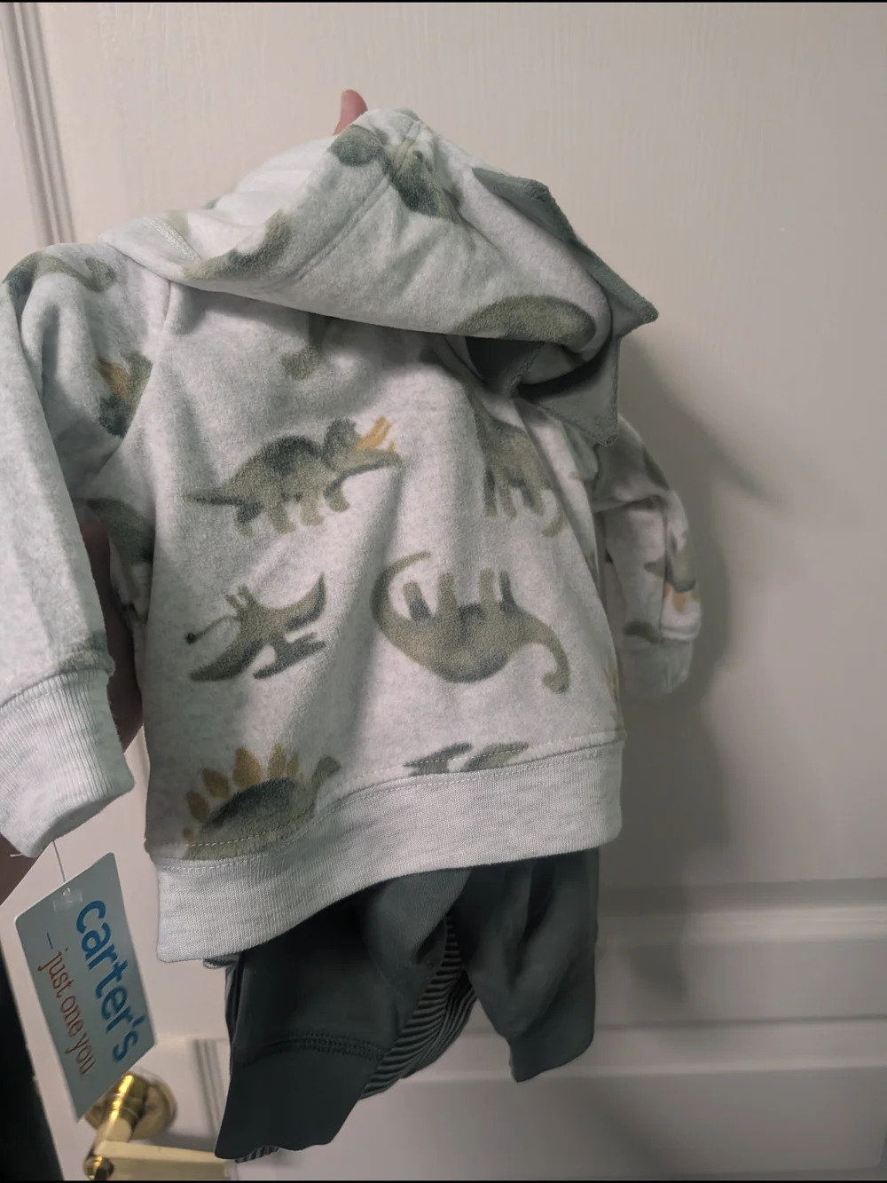 Carter's Light Gray Hoodie & Striped Bodysuit Set with Green Dino Print